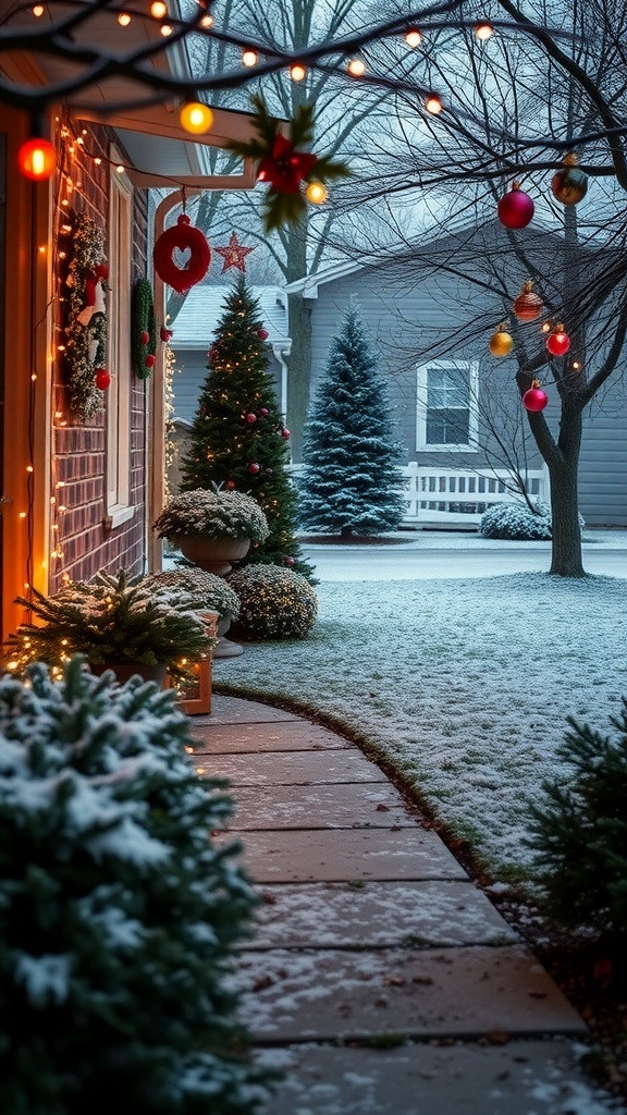 Outdoor Christmas decorations including a wreath, string lights, and ornaments in a snowy yard.